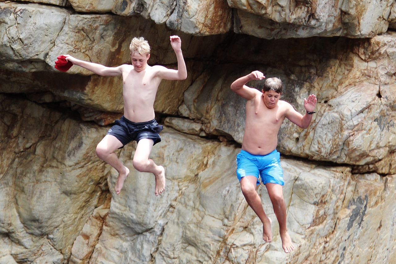 children, leap, rock