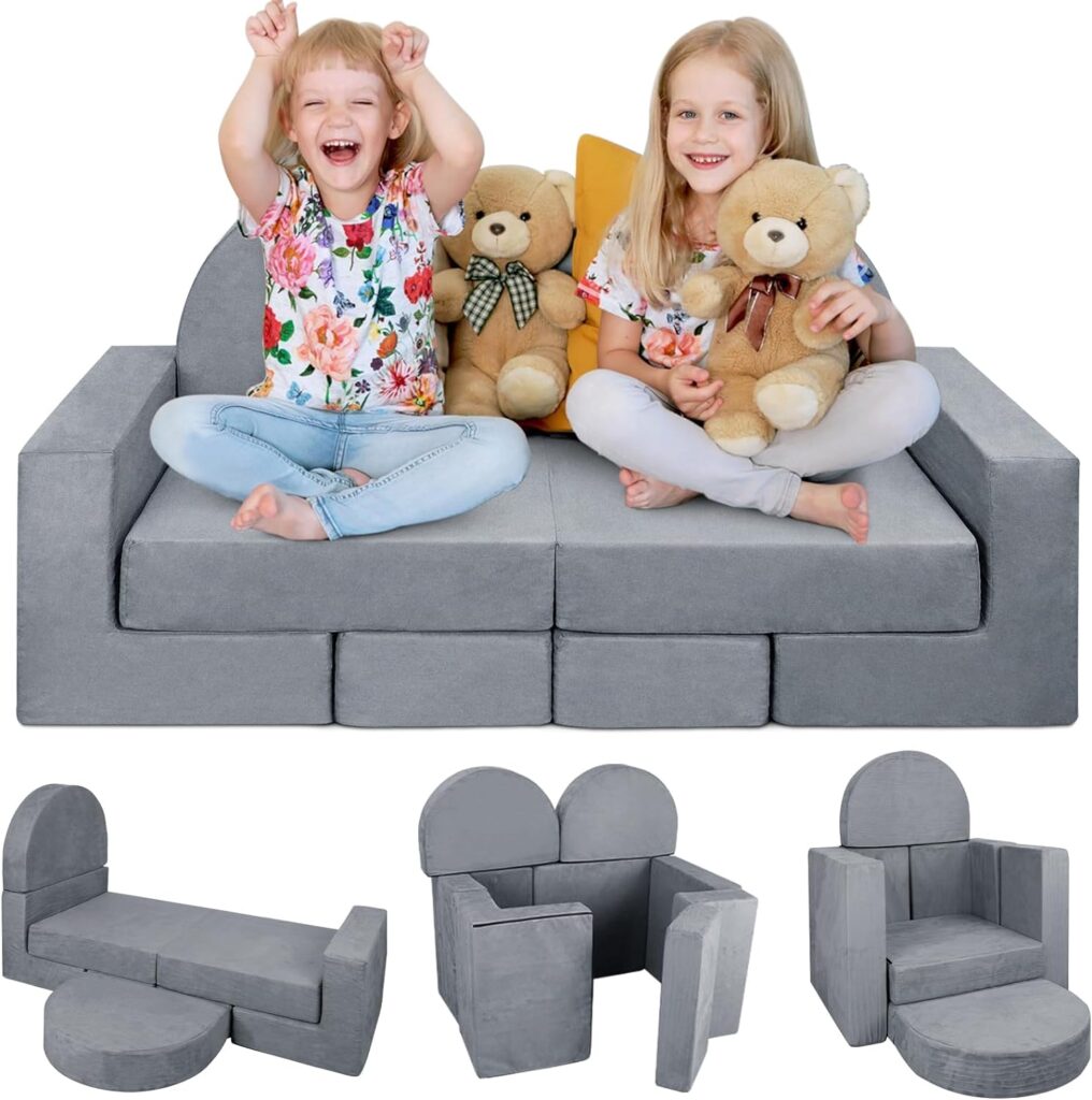 Babenest 7 Pieces Play Sofa for Children, Foam Building Blocks for Room, Modular Childrens Sofa, Soft Childrens Furniture Couch for Boys and Girls, Development Intelligence (Grey)