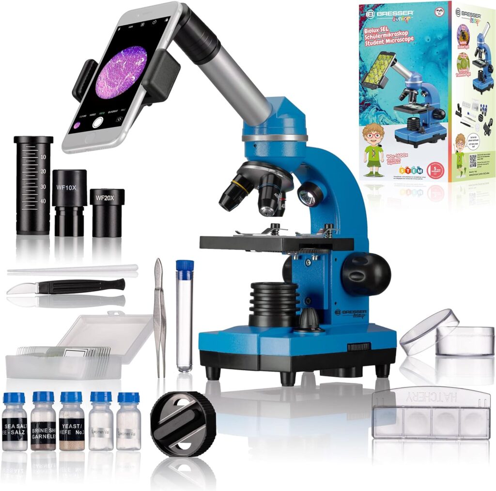 Bresser Biolux SEL Junior Student Microscope with Smartphone Holder, Extensive Accessories and Barlow Zoom System for Children, Beginners and Adults