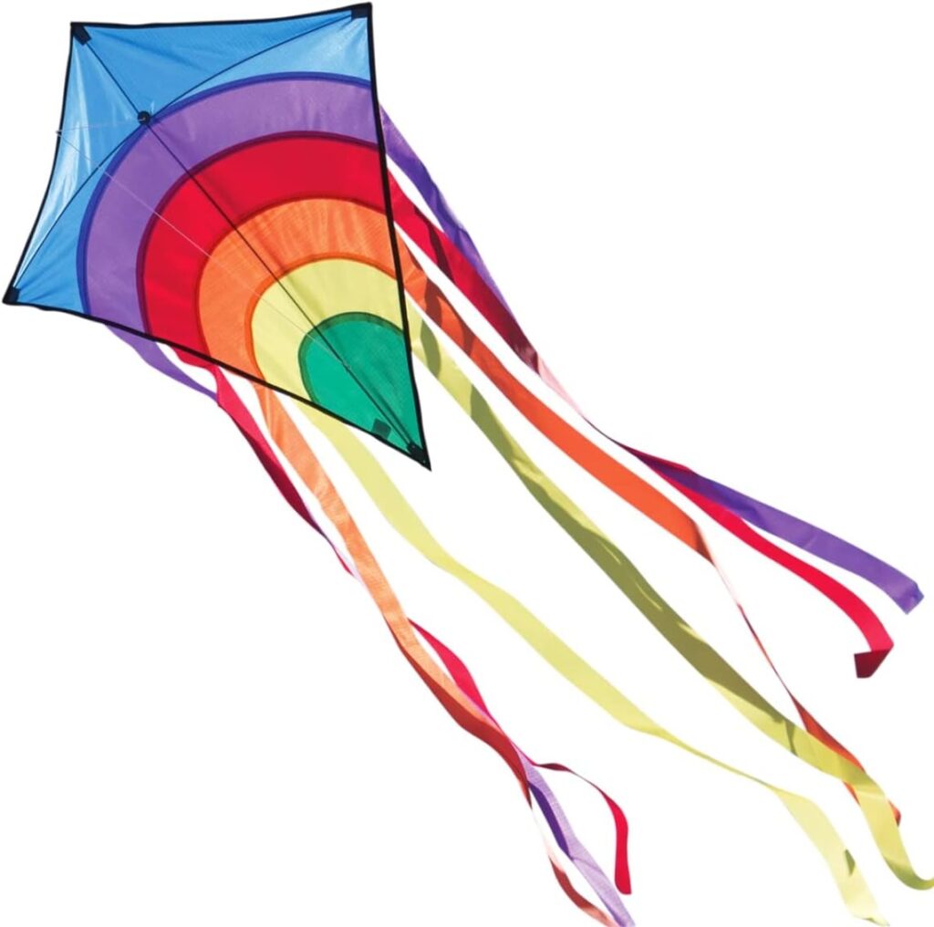 CIM Rainbow Eddy Childrens Kite Single Line Flight Kite for Children from 3 Years 65 x 72 cm Includes 80 m Kite Cord and 8 x 105 cm Strip Tails