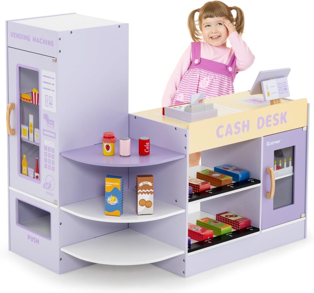 COSTWAY Childrens Wooden Grocery Shop with Side Counter, Supermarket Set with Cashier, POS Machine, Vending Machine  Chalkboard, Shopping Shop Sales Stand for Children Aged 3-8 Years (Purple)