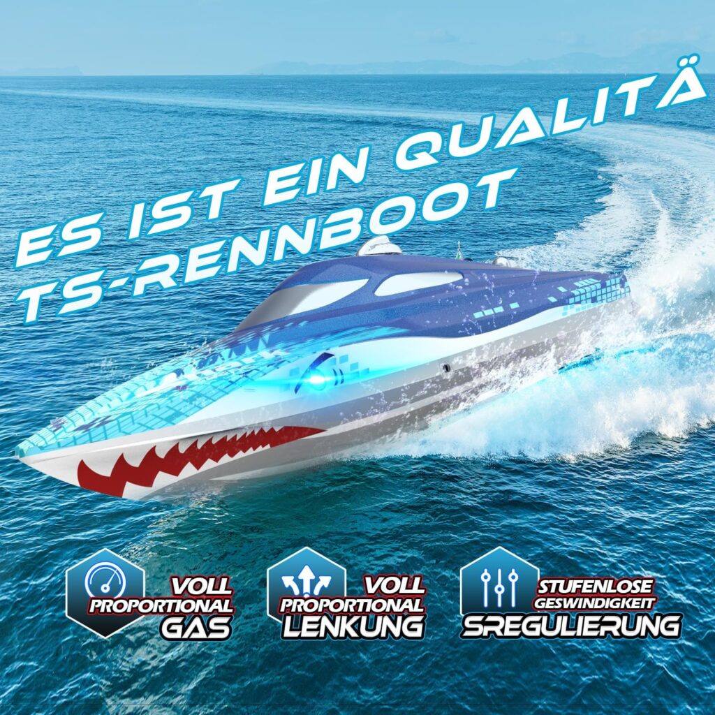 DEERC RC Boat with LED Light, Remote Controlled Shark Boat for Pools and Lakes, 20+ km/h RC Boat, 2.4 GHz Racing Boats, Pool Toy for Children from 8 Years