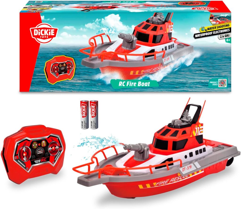 Dickie Toys 201107000 Fire Engine Remote Control Boat with Radio Control Fire Brigade Water Spray Function 3 Channels 27 MHz USB Charging Maximum Speed 3 km/h for Children Aged 6 Years and above