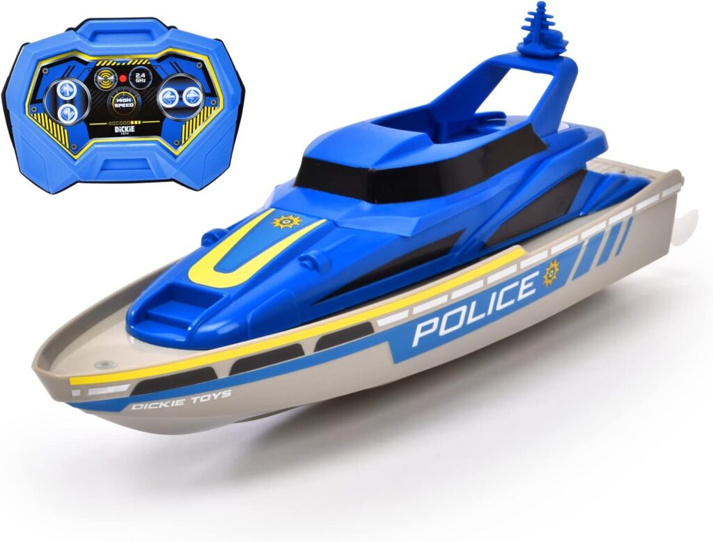 Dickie Toys - RC Police Boat - Remote Controlled Toy Boat in Police Design from 6 Years, Ship with Remote Control and Batteries for Children Adults, Multi-Colour, 201107003ONL