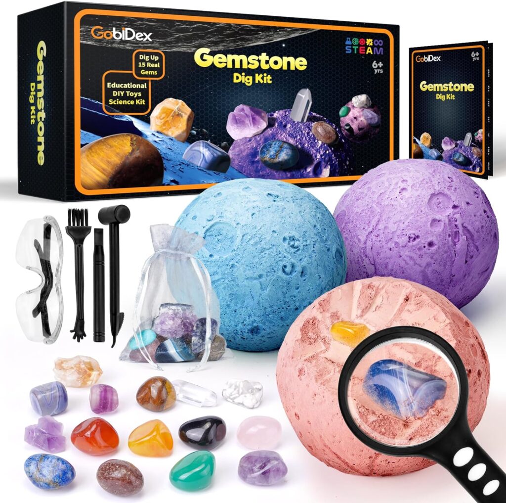 GobiDex Excavation Set for Children, Natural Gemstones and Crystals, Mineral Stones for Children from 6 7 8 9 10, Moon Treasure Hunt Toy, Solar System, Planets Gift for Boys and Girls