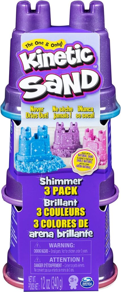 Kinetic Sand Schimmer Sand 3er Pack 340 g - 3 Farben Glitzersand aus Schweden in Burgenförmchen für kreatives, sauberes Indoor Sandspiel, für Kinder ab 3 Jahren