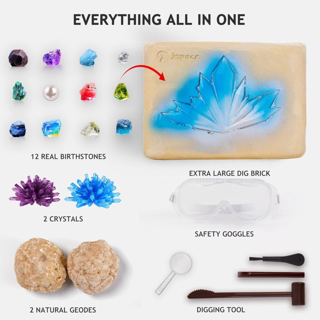 Japace Excavation Set for Children, STEM Science Toy Gemstones Digging, Geodes to Break Up Set, Crystals Growing Kit Gifts Boys Girls Grinding Hammer