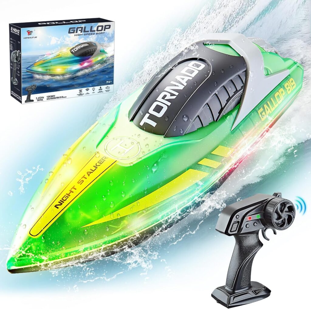 JONRRYIN Remote Control Boat, RC Boat with LED Light for Pools and Lakes, 2.4 GHz Remote Controlled Boats, RC Racing Boat, Speed Boat Pool Toy for Children and Adults