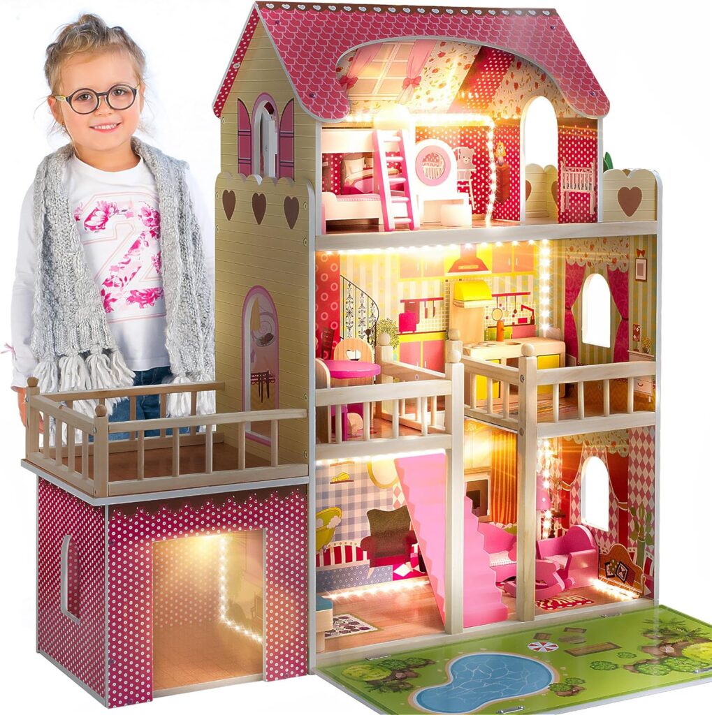 Kinderplay Puppenhaus Holz Gross, Puppenvilla - Barbie Traumvilla, Barbie Puppenhaus, Led - Licht und Zubehör, Set 90 cm Hoch mit Terrasse, Garage, GS0020