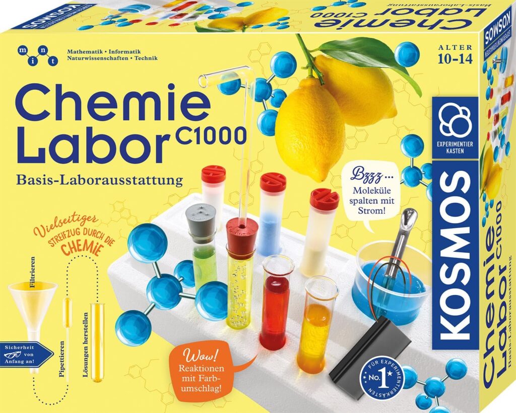 KOSMOS 645540 C1000 Chemistry Laboratory, Basic Laboratory Equipment with Safety Glasses and 7 Chemicals, Chemistry for Children from 10 Years, Basic Course, Experiment Box on Mint