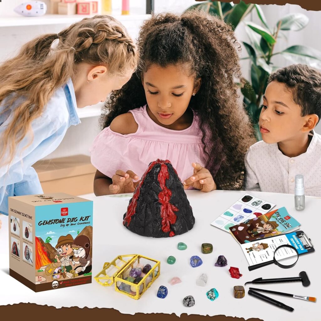 Lehoo Castle Excavation Set for Children, Gemstones Excavation Set with 12 Geology Stones, Minerals Excavation Set for Boys Girls (Red)