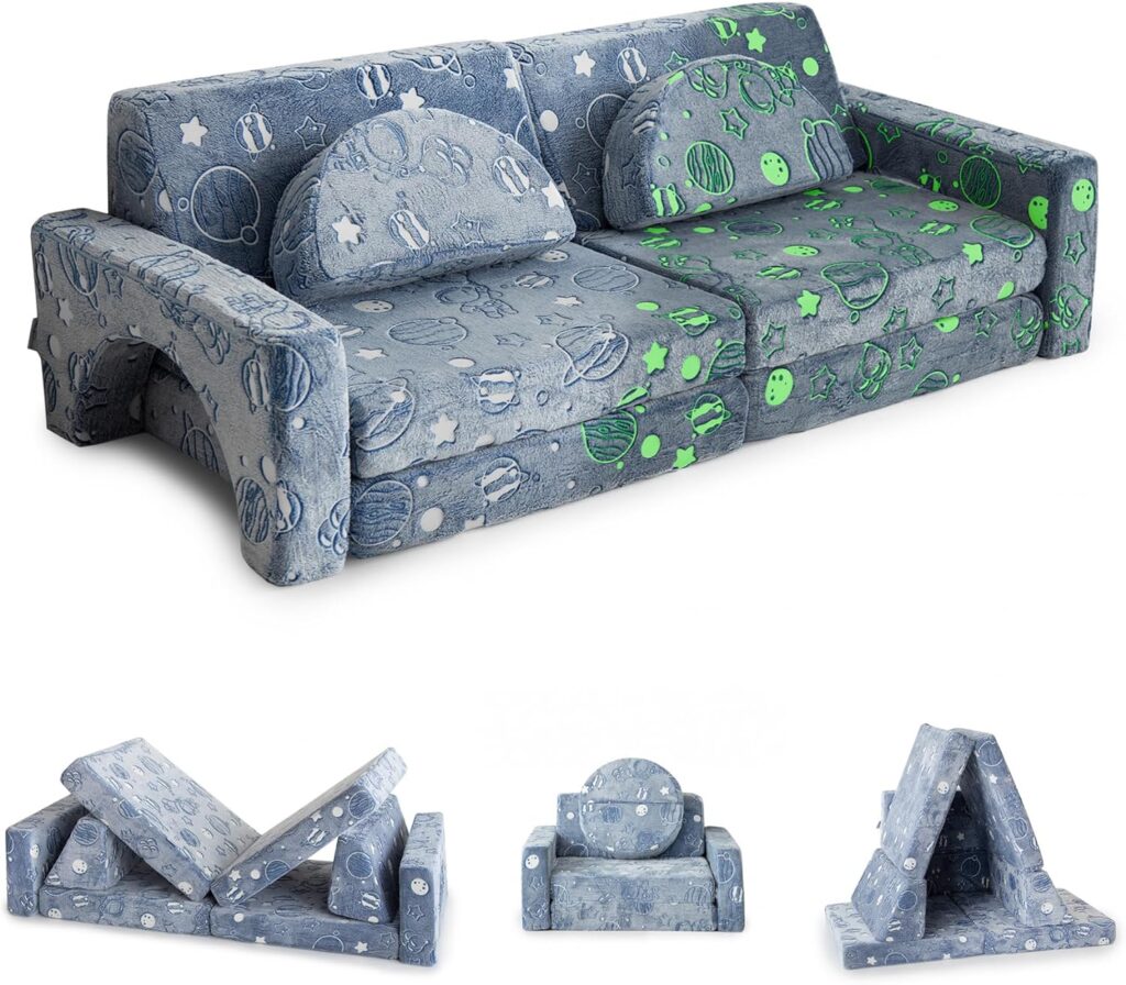 Play Sofa, A Glow in the Dark, Childrens Sofa Made of Foam Building Blocks, for Children and Cuddly Corner in the Childrens Room, Consists of 10 Pieces for the Sleeping Area and Playroom (Space)