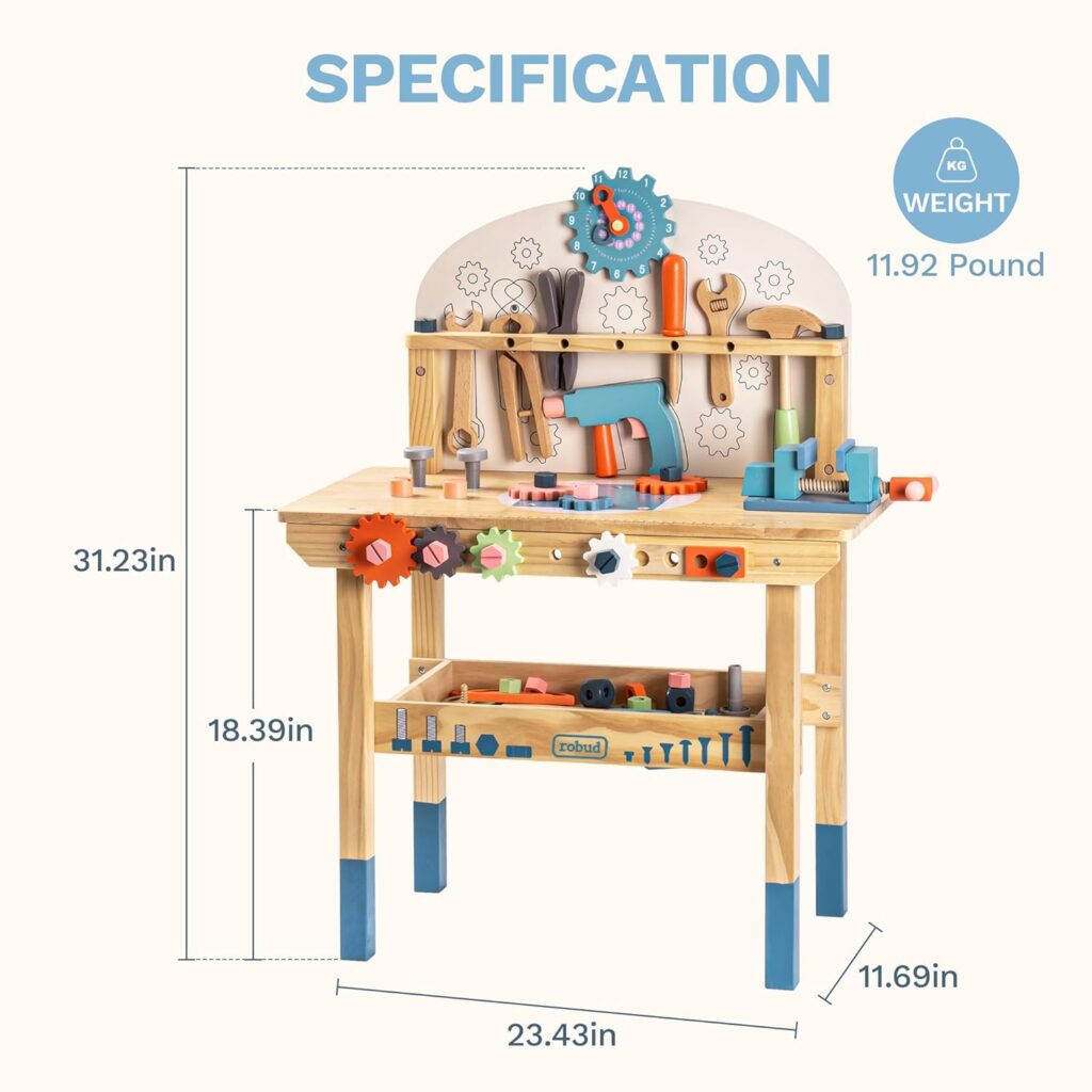 ROBUD Wooden Workbench for Children, Tool Bench Toy, from 3 4 5 6 7 Years