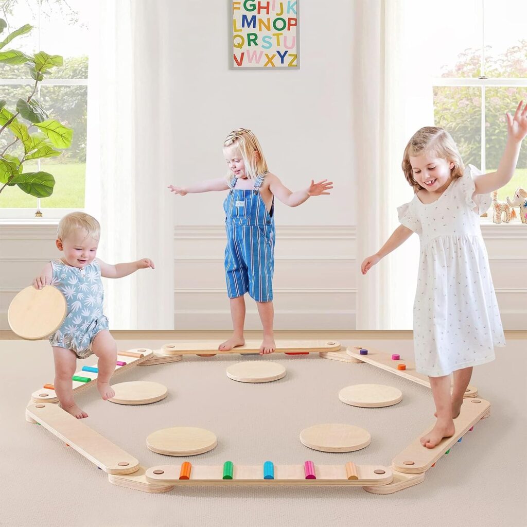 Saimly Schwebebalken mit farbigen Hindernissteinen für Kleinkinder，Montessori Balance Board für Koordination und Stabilität，Gymnastik Hindernisbahn Spielzeug für Mädchen Jungen