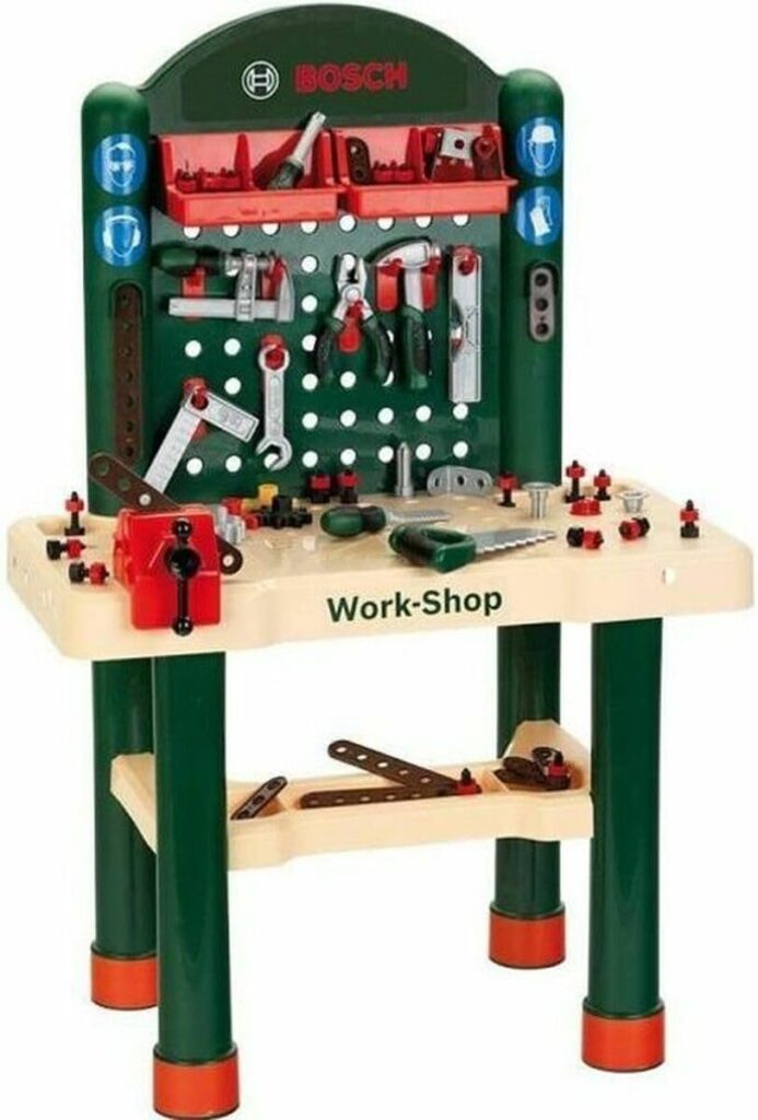 Theo Klein 8461 Children’s BOSCH Toy Workbench with Extra-Large Worktop in Imitation Wood and Lots of Tools, Green / Natural Wood Colour