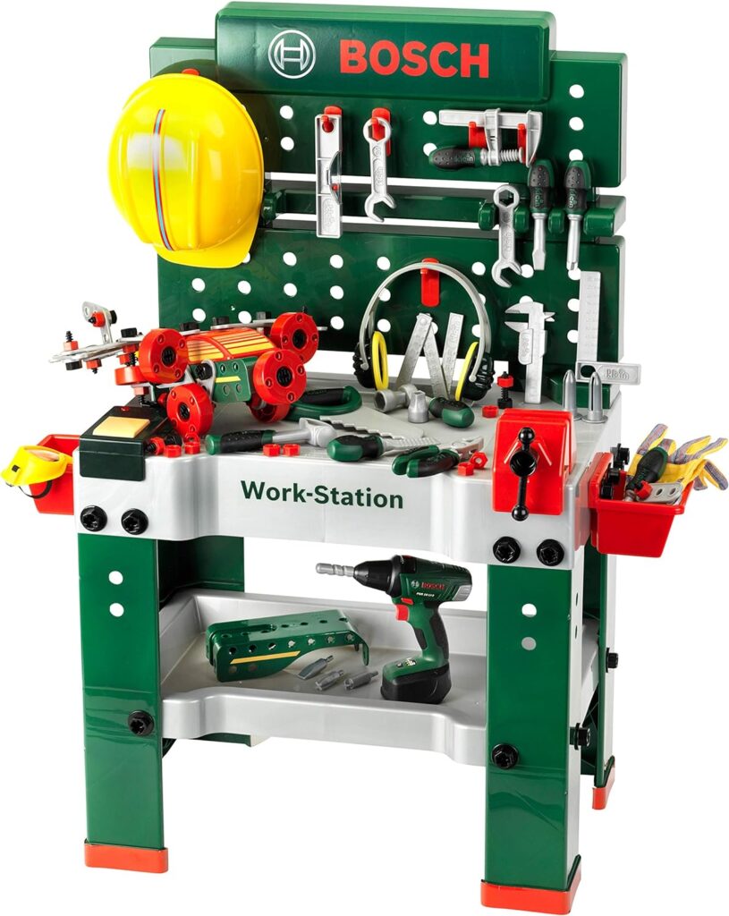 Theo Klein 8485 Bosch Werkbank Nr. 1 | 150-teilig | Inkl. Werkzeuge Und Zubehör | Akkuschrauber Mit Licht  Sound | Spielzeug Für Kinder Ab 3 Jahren, 62 X 42 X 100