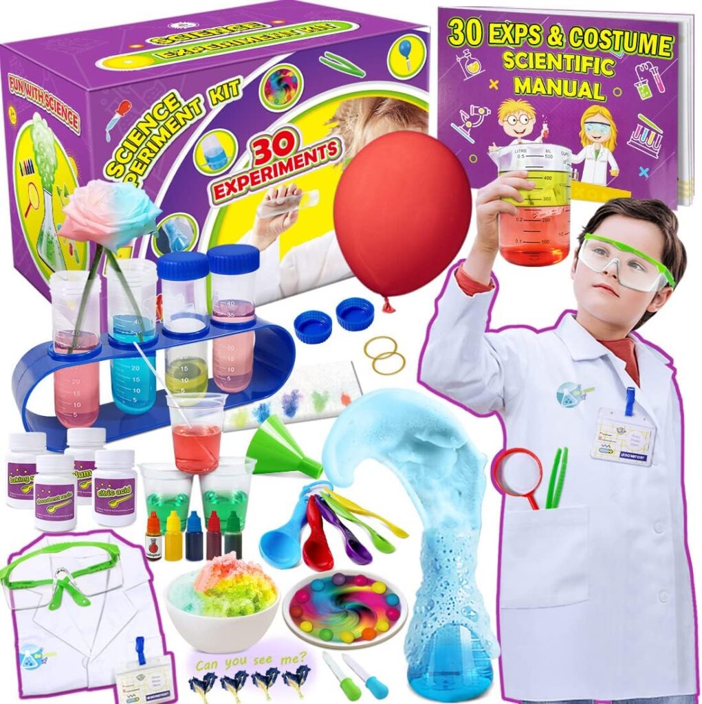 UNGLINGA Childrens Science Experiment Kits, 30 School Laboratory Experiments with Laboratory Coat, Scientist Toy Gifts for Boys, Girls, Ages 5 - 11 Years, Dress-Up and Role Play