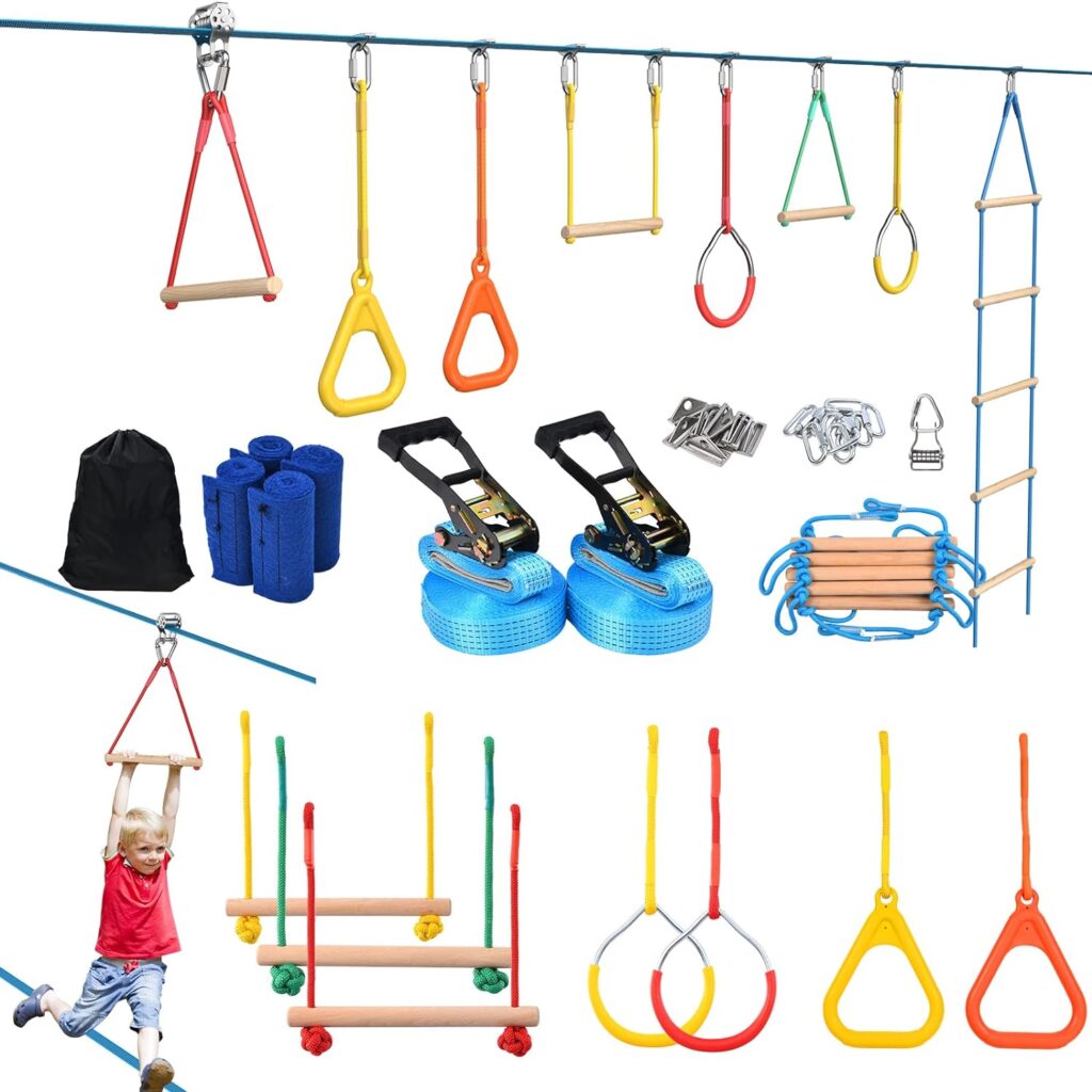 Vanku 2 x 50 ft Slackline Set Children with Rope Pulley, Obstacles Set with Climbing Frame, Climbing Bars, Climbing Ladder, Gymnastics Rings, Tree Protection (50 FT)