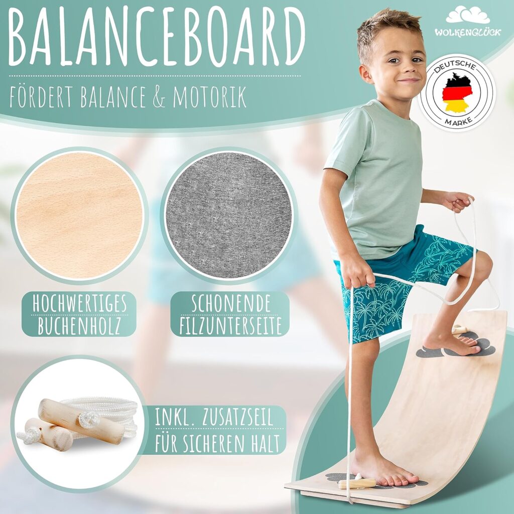 WOLKENGLÜCK® Childrens Balance Board [80 x 30 cm] - High-Quality Balance Board with Finger Protection - Balance Board for Children Including Rope + Non-Slip + Felt - Wobbel Board Made of High-Quality