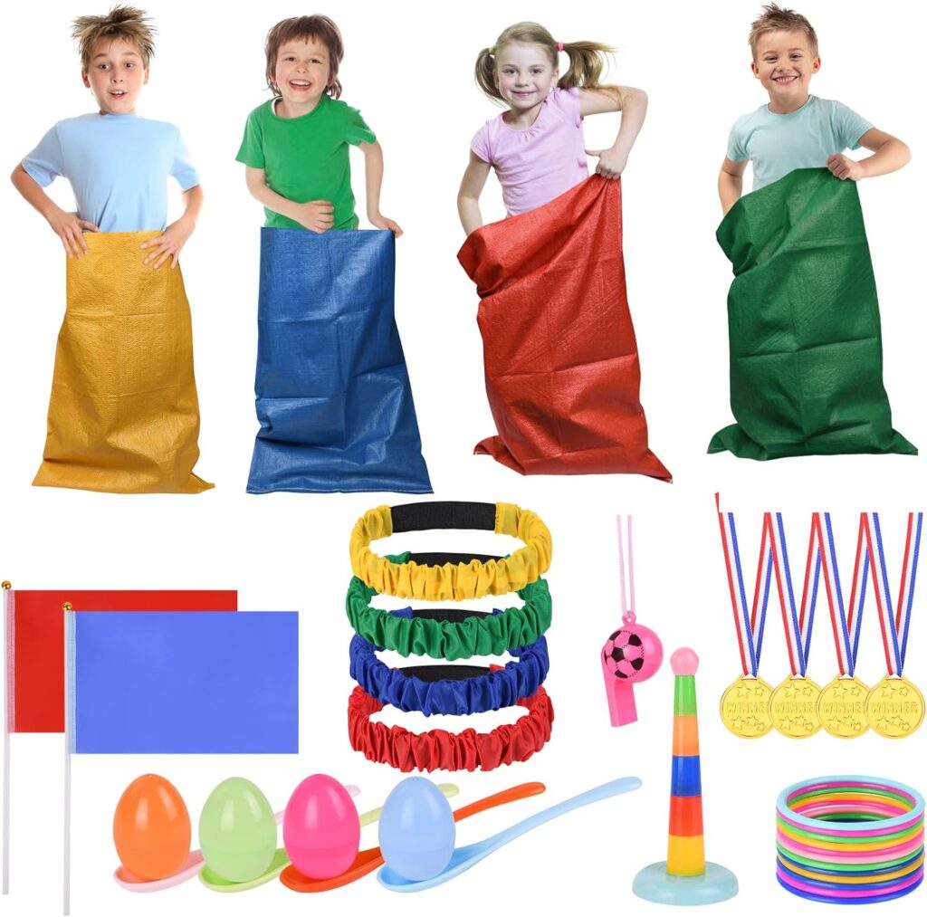 Flintronic Outdoor Games for Children, Childrens Birthday Party Games for Children, Garden Games for Children, Sack Bouncing Bags, Egg Running, 3 Leg Racing, Throwing Game, Medals, Party Set Boys