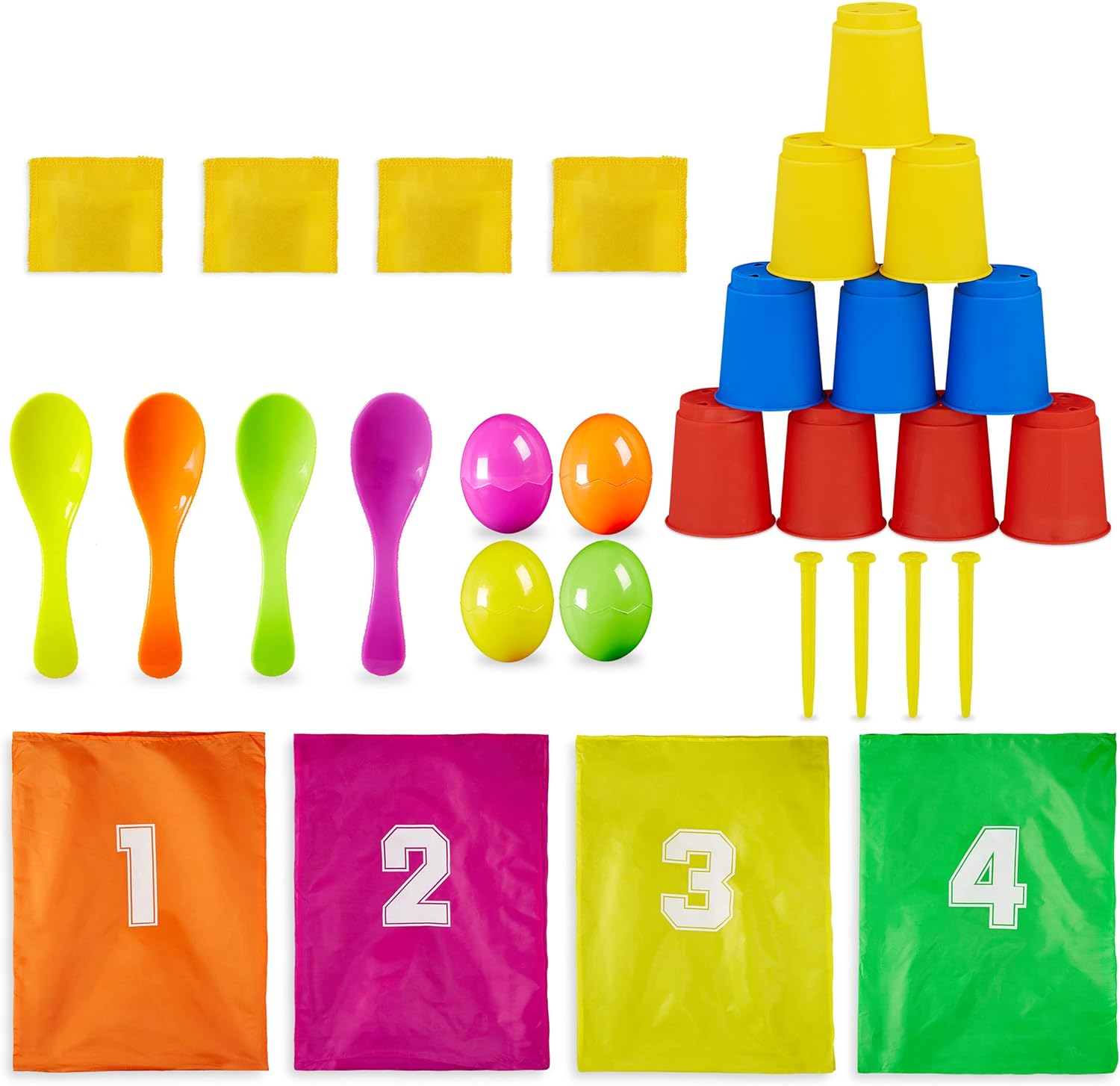 Relaxdays 10028884 Childrens Party, 3-in-1 Set, Garden Games for Childrens Birthday, Sack Hoping, Egg Running, Can Throw, Colourful, Multicoloured