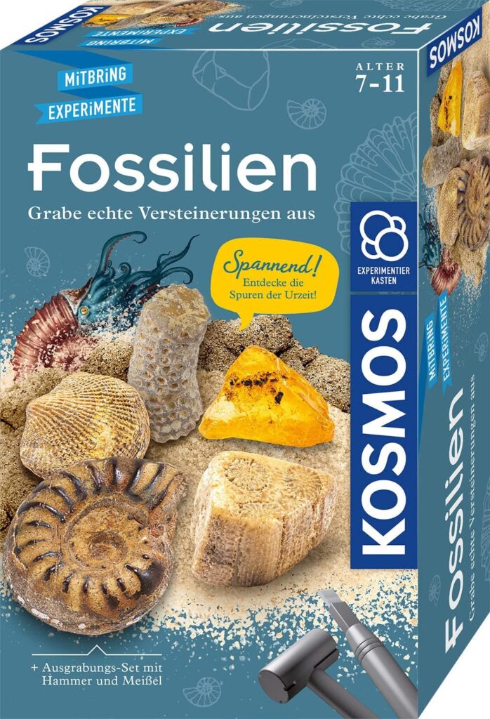 Kosmos Fossil Digging Kit, Digging Real Fossils and Amber Itself with Hammer and Chisel, Experiment Set for Children From 7 years., Green