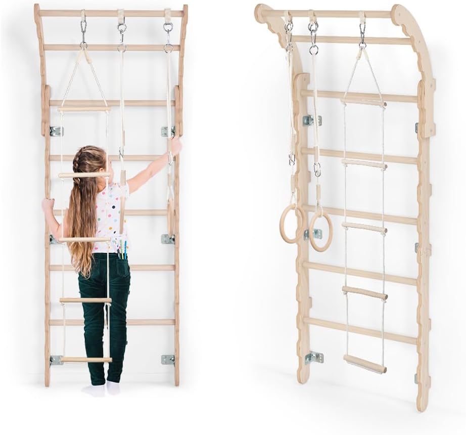 MAMOI® Indoor Climbing Frame, Wall Bars for Childrens Room, Gymnastics Rings Children for Climbing, Climbing Wall and Play Equipment, Gym Equipment with Pull-Up Bar for Indoors, Sports Equipment from