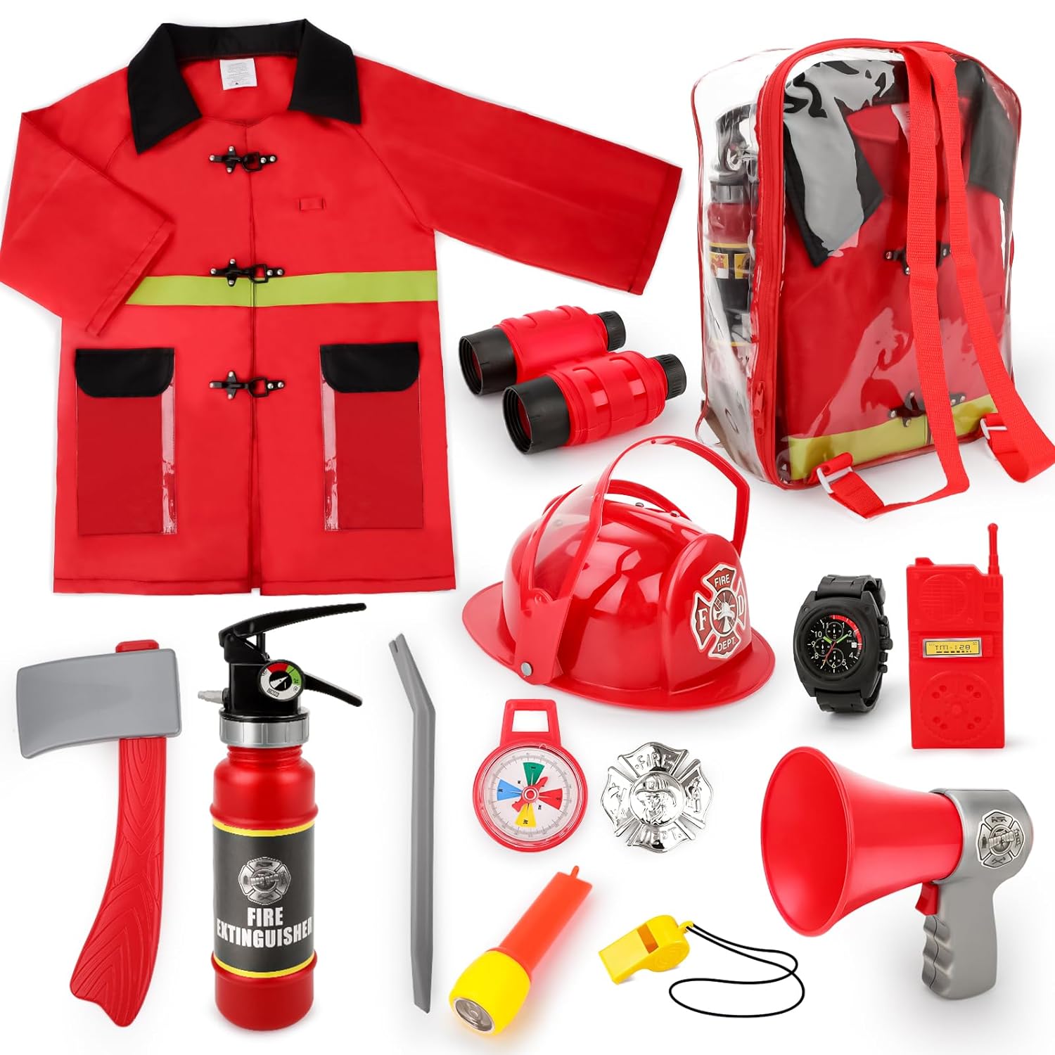 deAO Washable Fireman Costume Set with 13 Fire Toy Accessories, Storage Backpack and Real Water Fire Extinguisher - Ideal for Kids