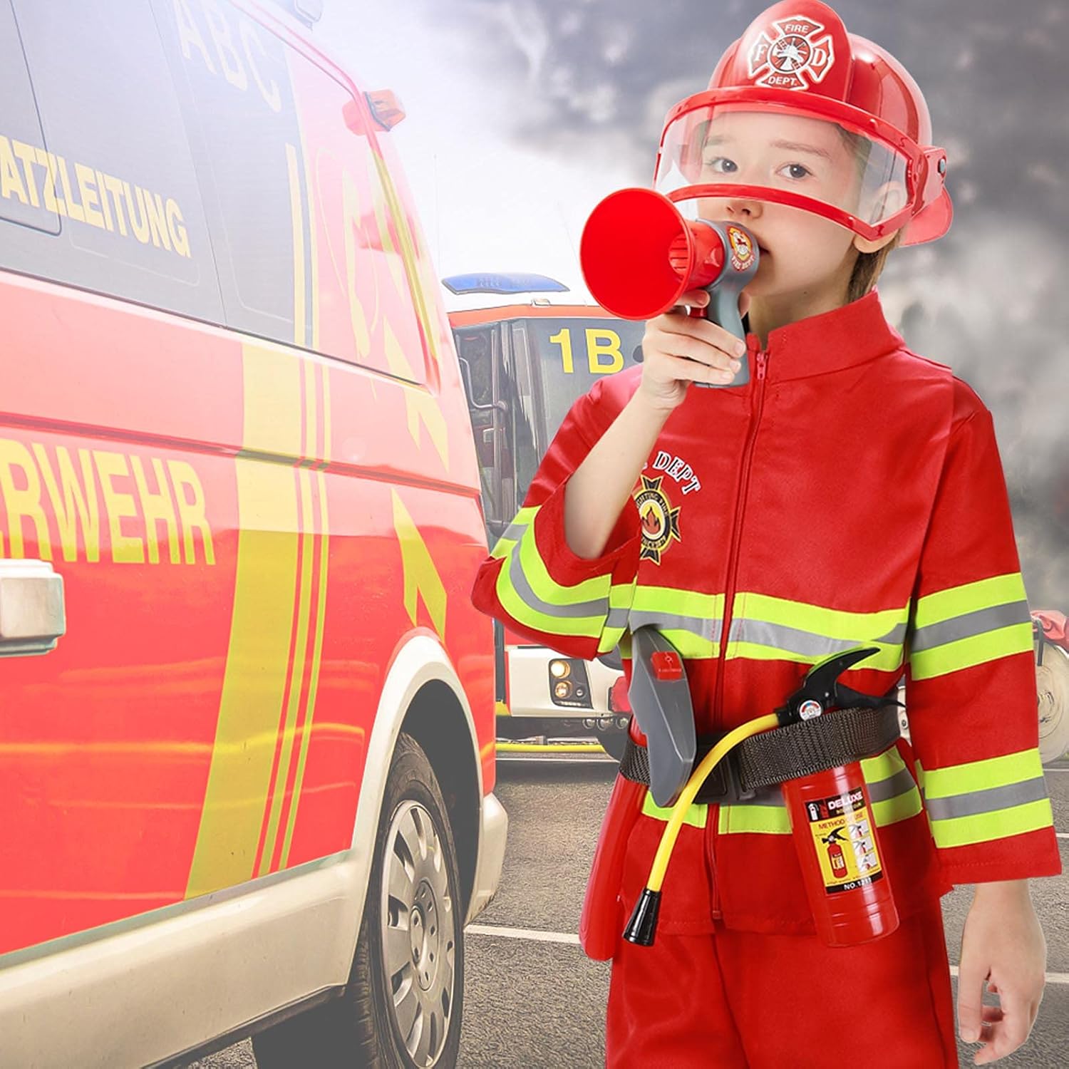 Tacobear Feuerwehrmann Kostüm Kinder Feuerwehr Rollenspiel Set mit Feuerlöscher Feuerwehrhelm Feuerwehrmann Spielzeug für Kinder Jungen Mädchen Karneval Halloween Fasching 3 4 5 6 7 8 9 Jahren