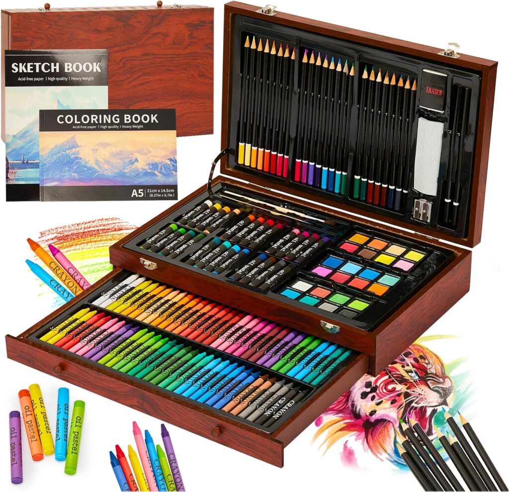 KINSPORY Premium Deluxe 146-Piece Painting Set for Children Beginners Great Colouring Pencils Set, Watercolours, Oil Pastel Paint, Drawing Pencils, Pencils as Drawing Set Gift Children