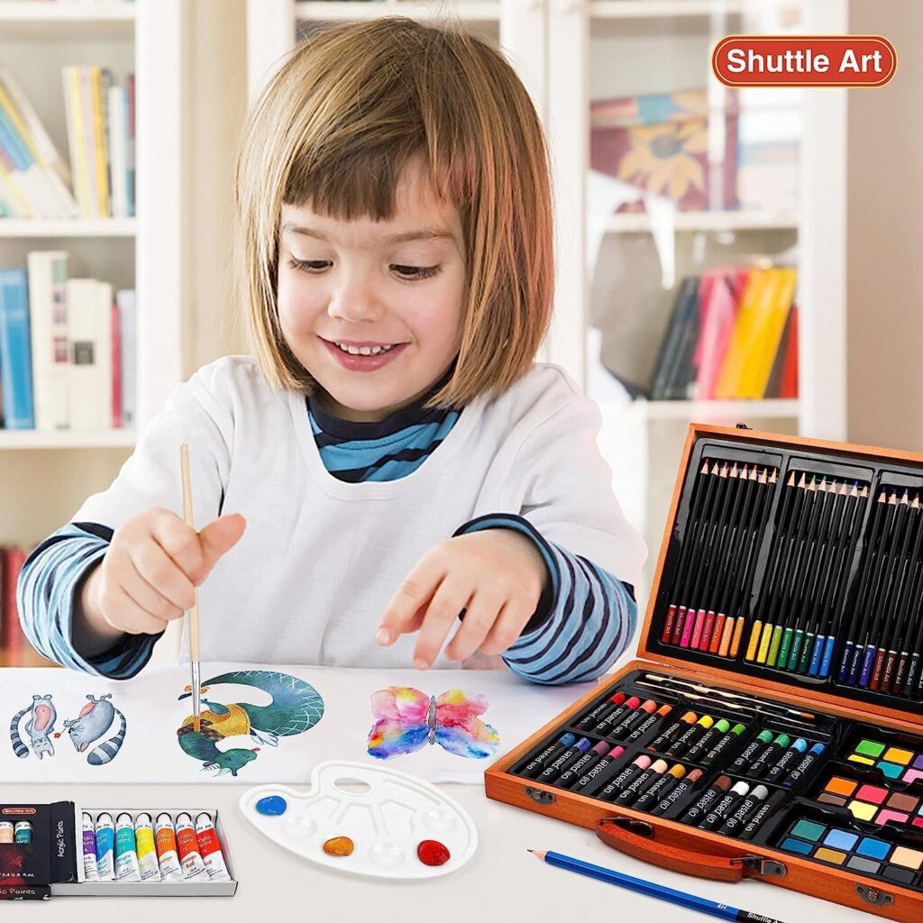 Shuttle Art 118-Piece Painting Set, Deluxe Painting Case with Acrylic Paints, Colouring Pencil, Oil Pastel, Watercolour Paints, Wax Crayons, Colouring Book, Watercolour Pad, Wooden Case, Suitable for