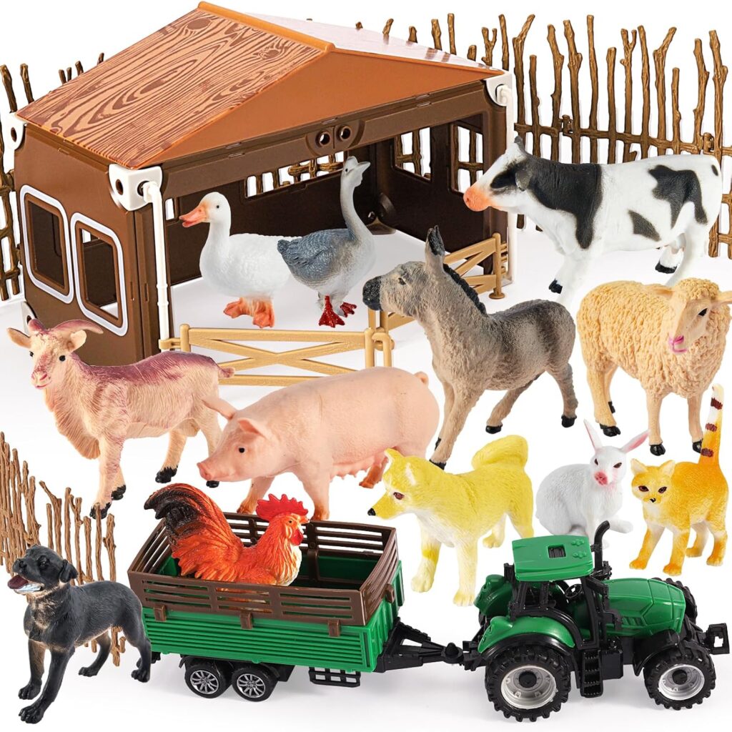 BUYGER Farm Animal Figures Toy from 3 Years with Barn, Tractor Trailer e Fences, Realistic Animal Figures Set, Educational Toy Gifts for Girls Boys from 3 Years