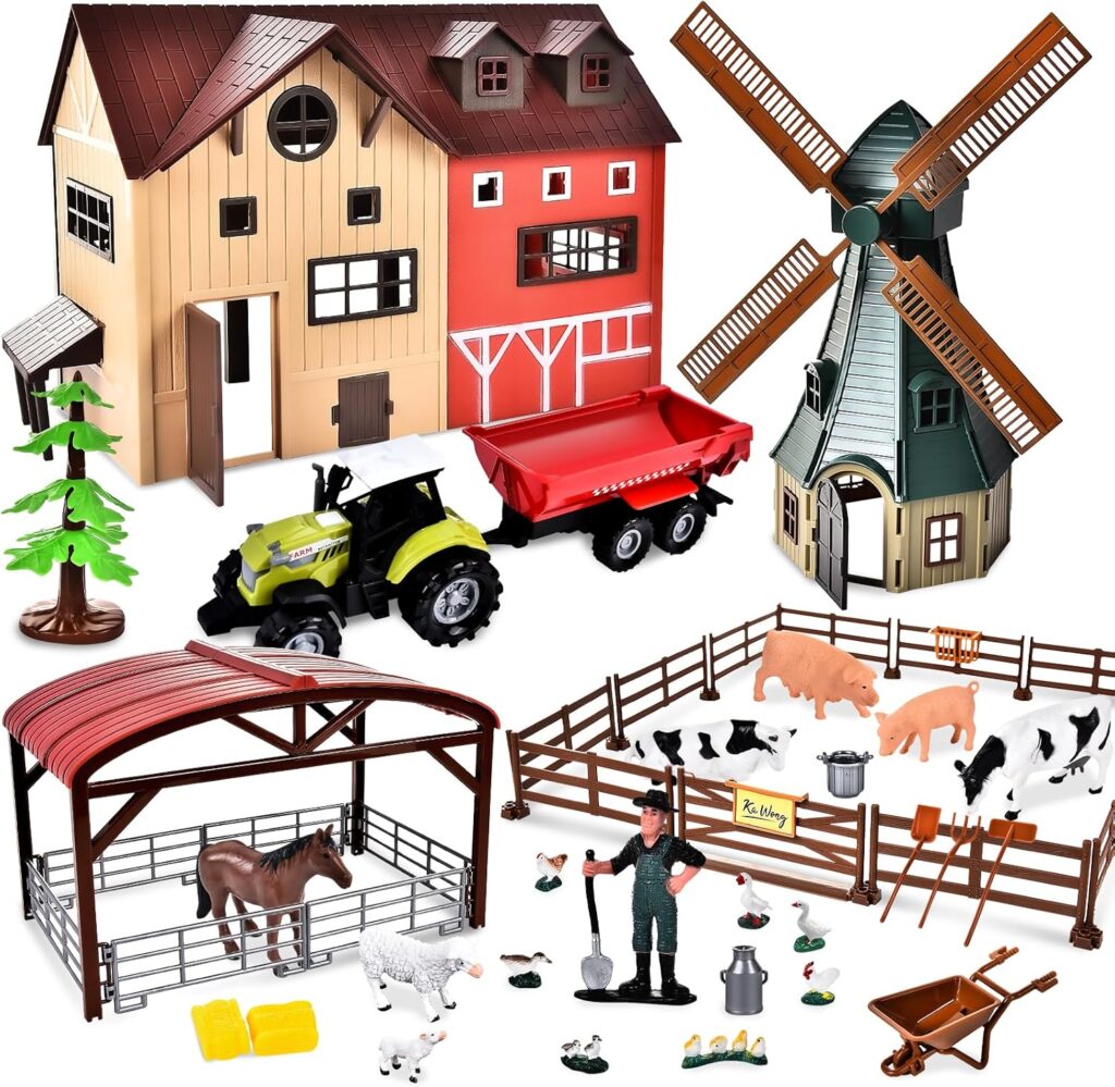 JONRRYIN Farm Toy Children, Farm Figures Play Set, Animal Figures Set, Farm Animals Toy with Windmill House Fence Horse Vehicles Farmer for 3-7 Years Toddlers Boys Girls